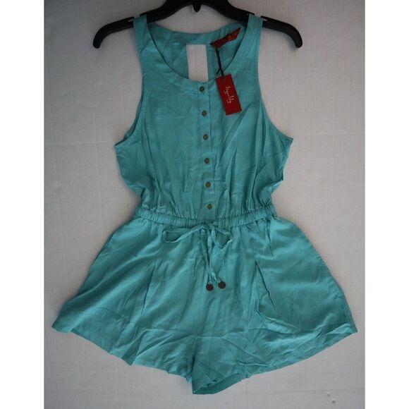Tigerlily Women's Sz 4 Aqua Blue Sleeveless Relaxed Fit 1/2 Button Romper - Picture 5 of 10